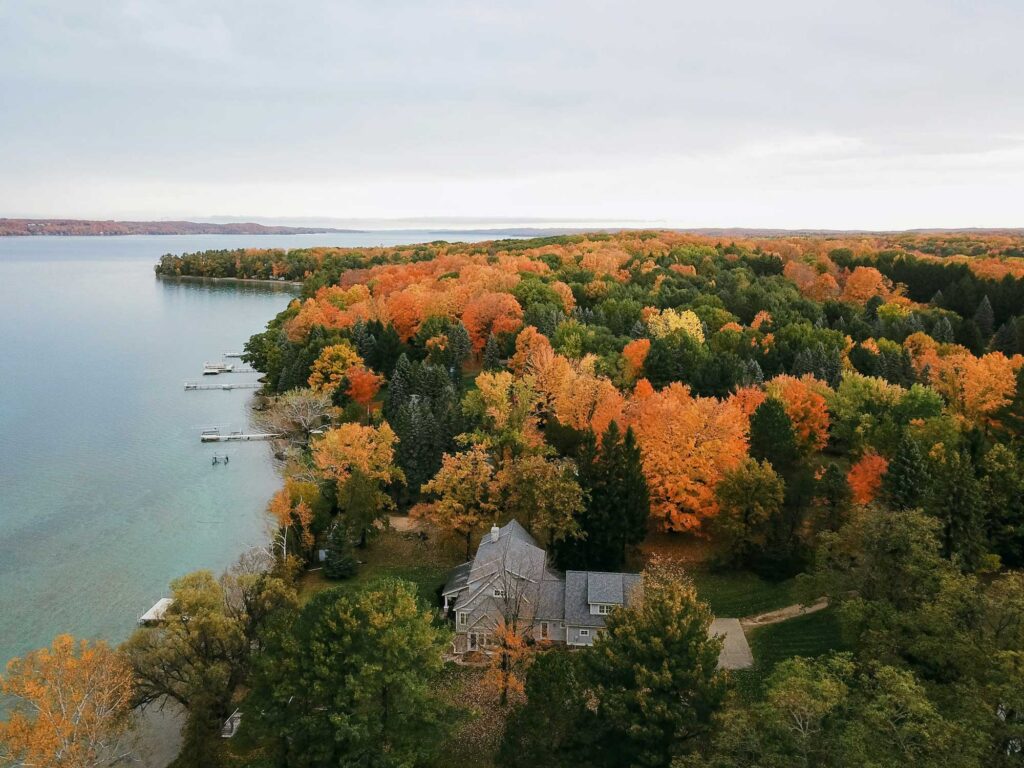 fall colors aerial shot on Torch Lake